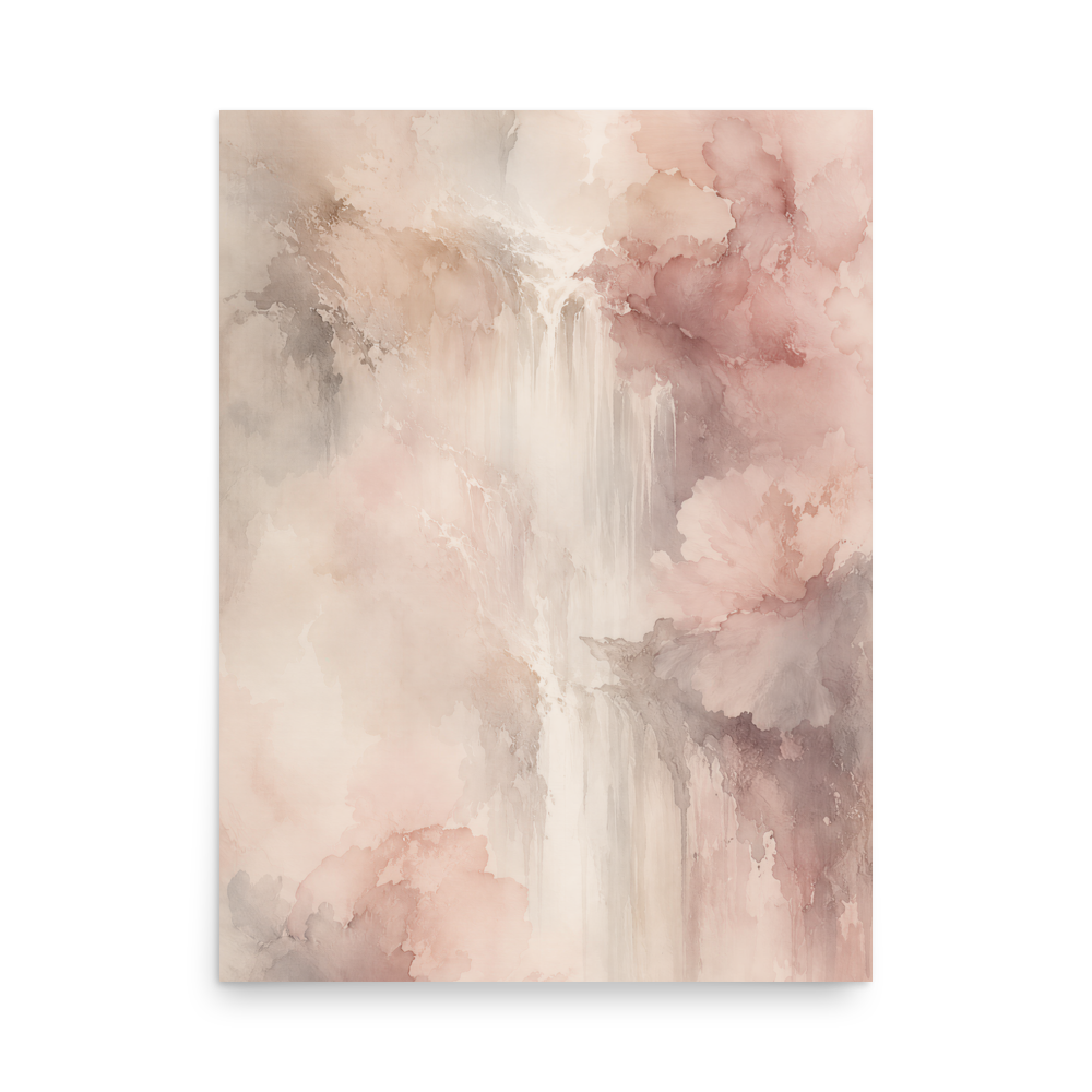 Minimalist waterfall-inspired poster featuring soft flowing forms in blush pink, warm neutrals, and muted earth tones.