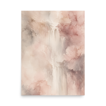 Minimalist waterfall-inspired poster featuring soft flowing forms in blush pink, warm neutrals, and muted earth tones.