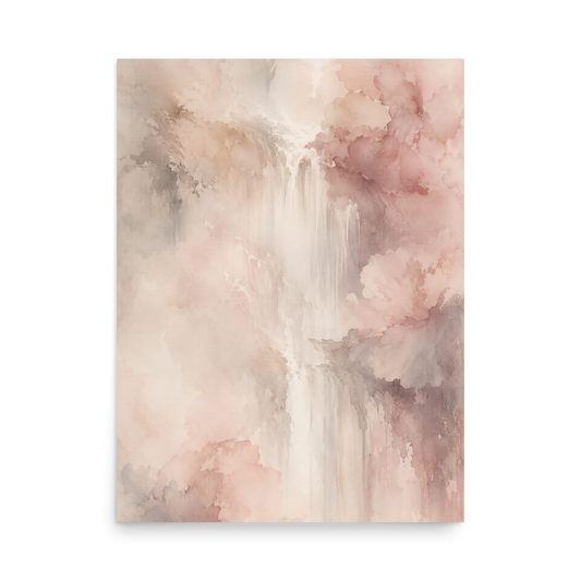 Minimalist waterfall-inspired poster featuring soft flowing forms in blush pink, warm neutrals, and muted earth tones.