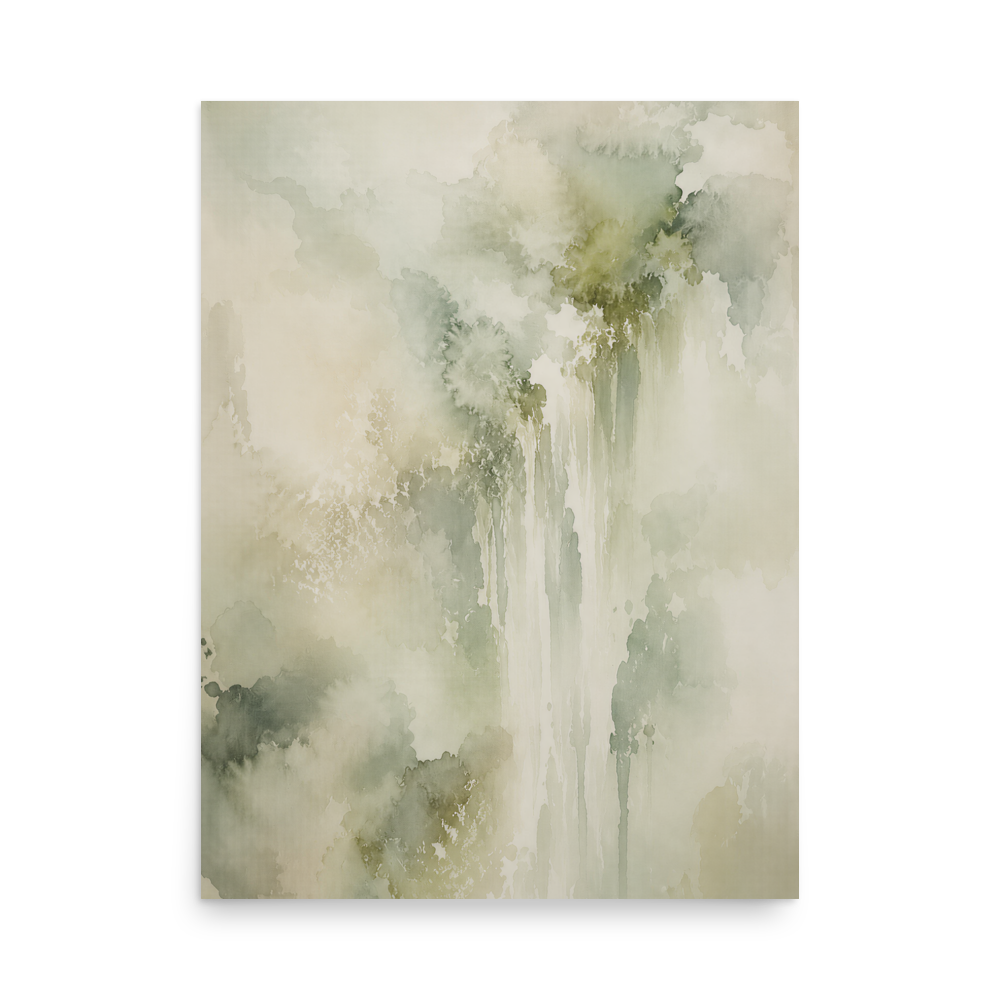 Minimalist waterfall-inspired poster featuring soft flowing forms in sage green, warm neutrals, and muted natural tones.