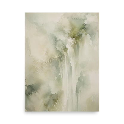 Minimalist waterfall-inspired poster featuring soft flowing forms in sage green, warm neutrals, and muted natural tones.