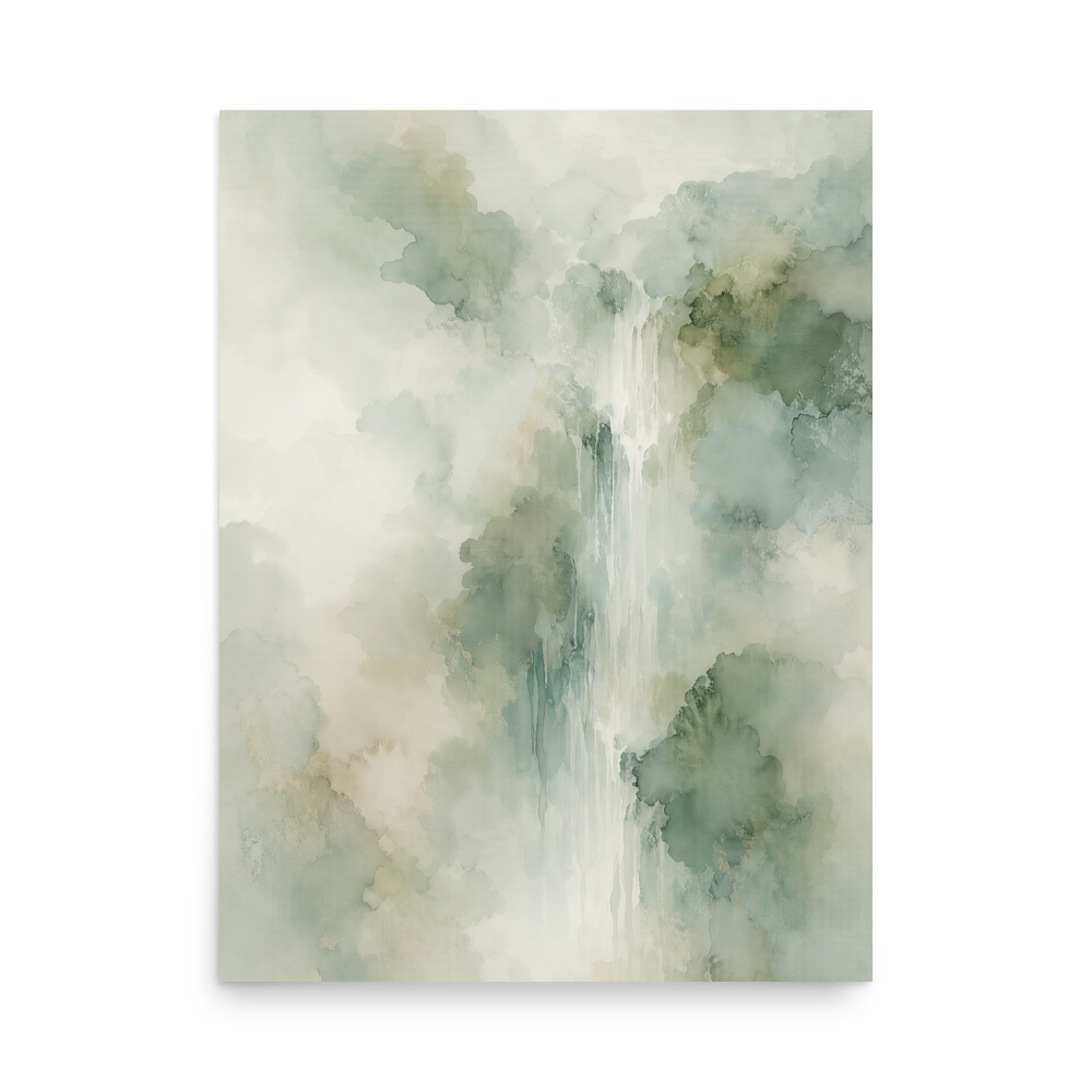 Minimalist waterfall-inspired poster with soft sage green tones, flowing water, and organic watercolor textures.