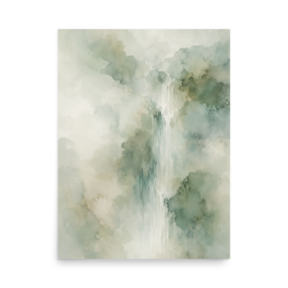 Minimalist waterfall-inspired poster with soft sage green tones, flowing water, and organic watercolor textures.