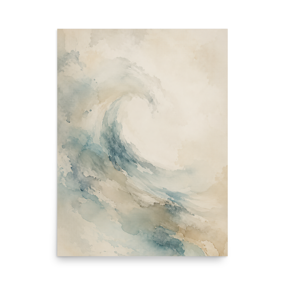 Minimalist ocean wave-inspired poster with flowing watercolor textures in soft blue, sand, and warm neutral tones.