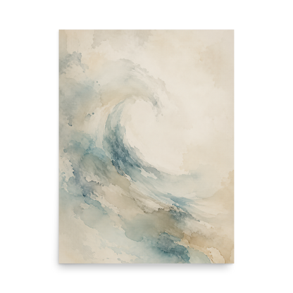 Minimalist ocean wave-inspired poster with flowing watercolor textures in soft blue, sand, and warm neutral tones.