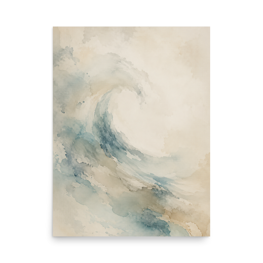 Minimalist ocean wave-inspired poster with flowing watercolor textures in soft blue, sand, and warm neutral tones.