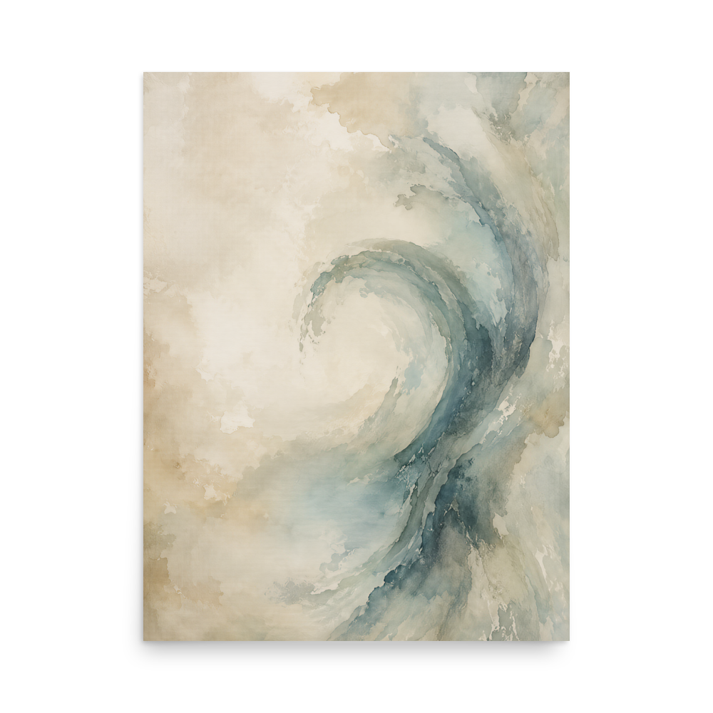 Minimalist ocean wave-inspired poster with flowing watercolor textures in soft blue, ivory, and warm neutral tones.
