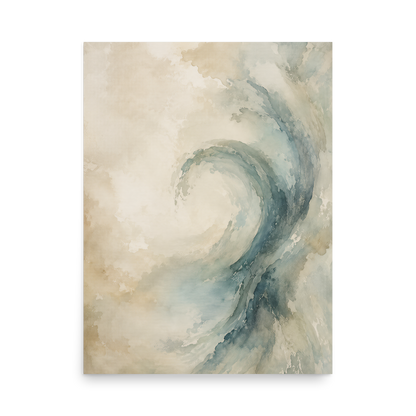Minimalist ocean wave-inspired poster with flowing watercolor textures in soft blue, ivory, and warm neutral tones.