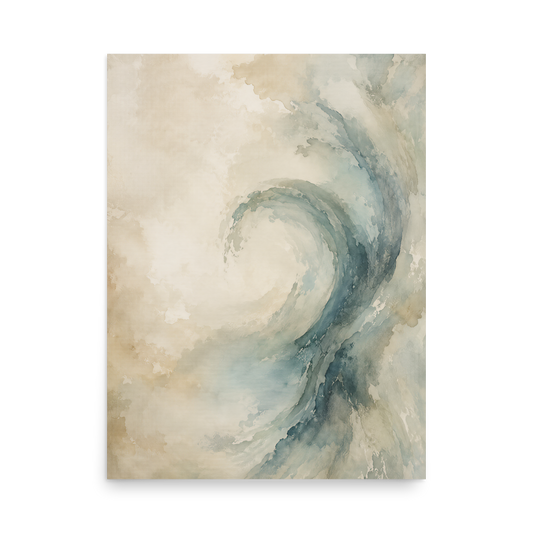 Minimalist ocean wave-inspired poster with flowing watercolor textures in soft blue, ivory, and warm neutral tones.