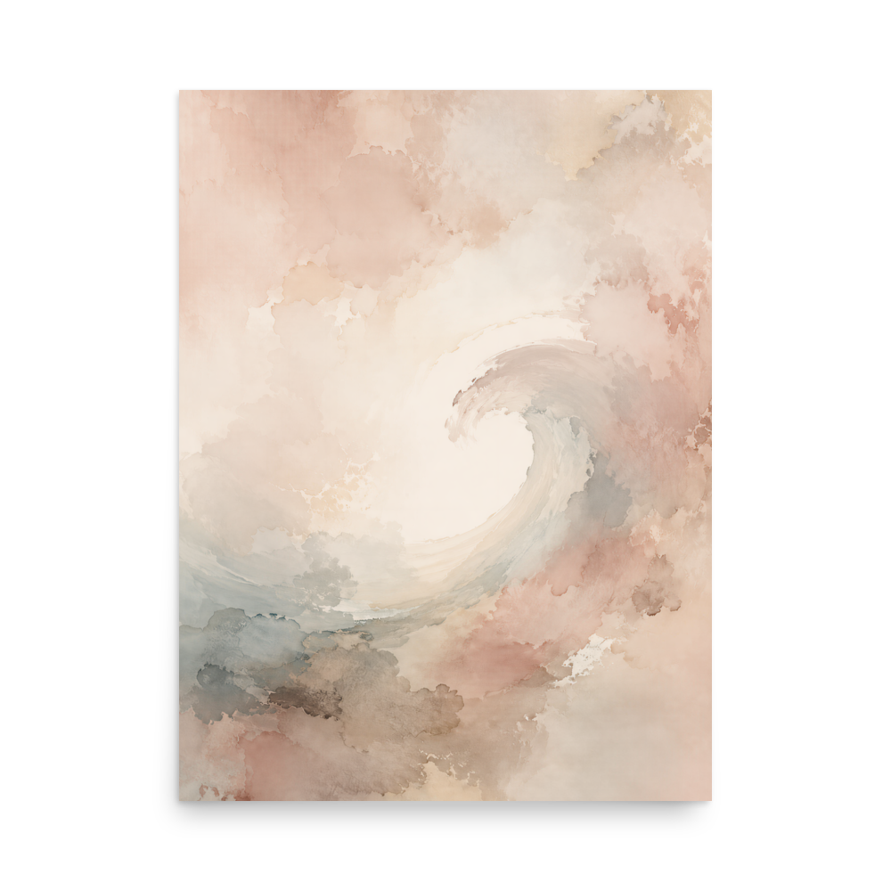 Minimalist ocean wave-inspired poster with flowing watercolor textures in blush, soft blue, and warm neutral tones.