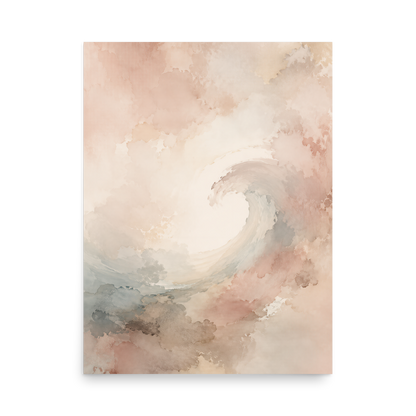 Minimalist ocean wave-inspired poster with flowing watercolor textures in blush, soft blue, and warm neutral tones.