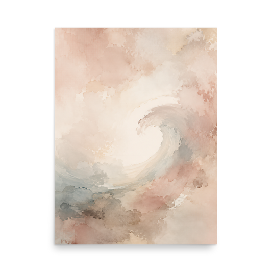 Minimalist ocean wave-inspired poster with flowing watercolor textures in blush, soft blue, and warm neutral tones.