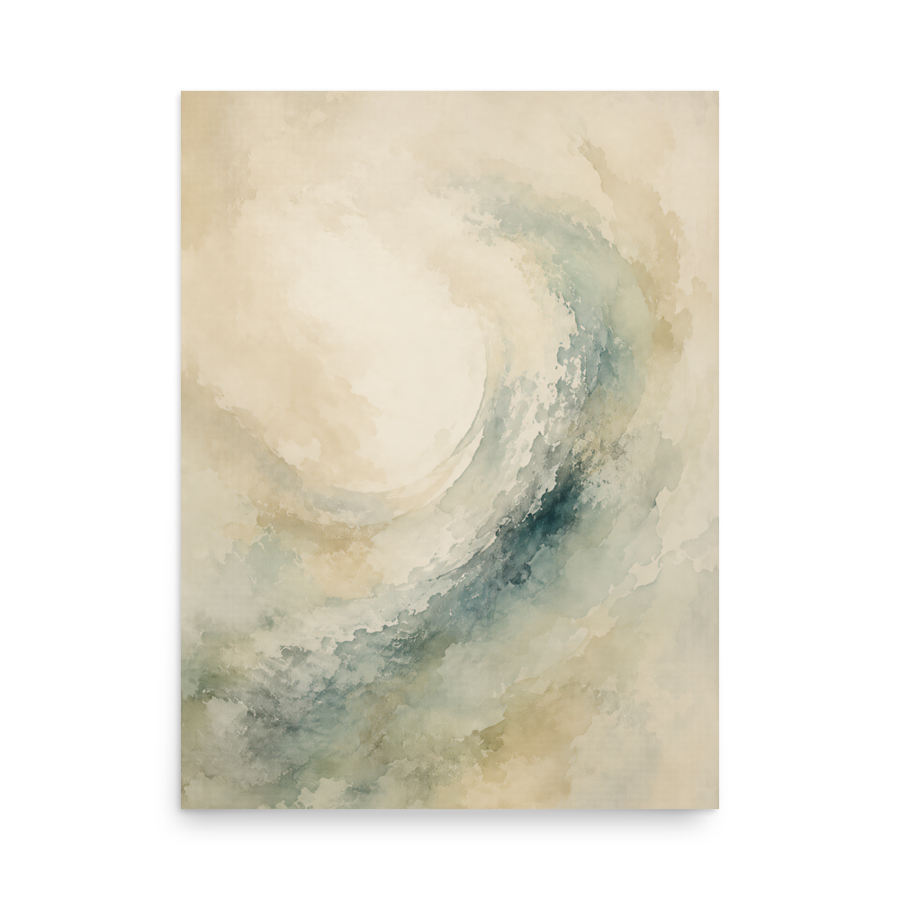 Minimalist ocean wave-inspired poster with flowing watercolor textures in soft blue, sage, and warm neutral tones.