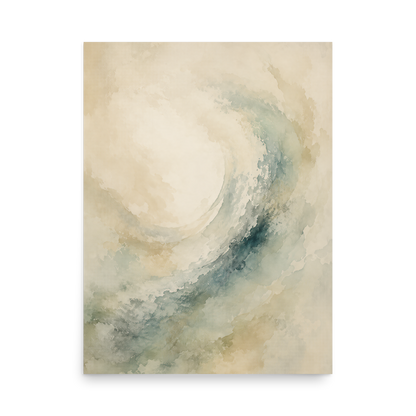 Minimalist ocean wave-inspired poster with flowing watercolor textures in soft blue, sage, and warm neutral tones.