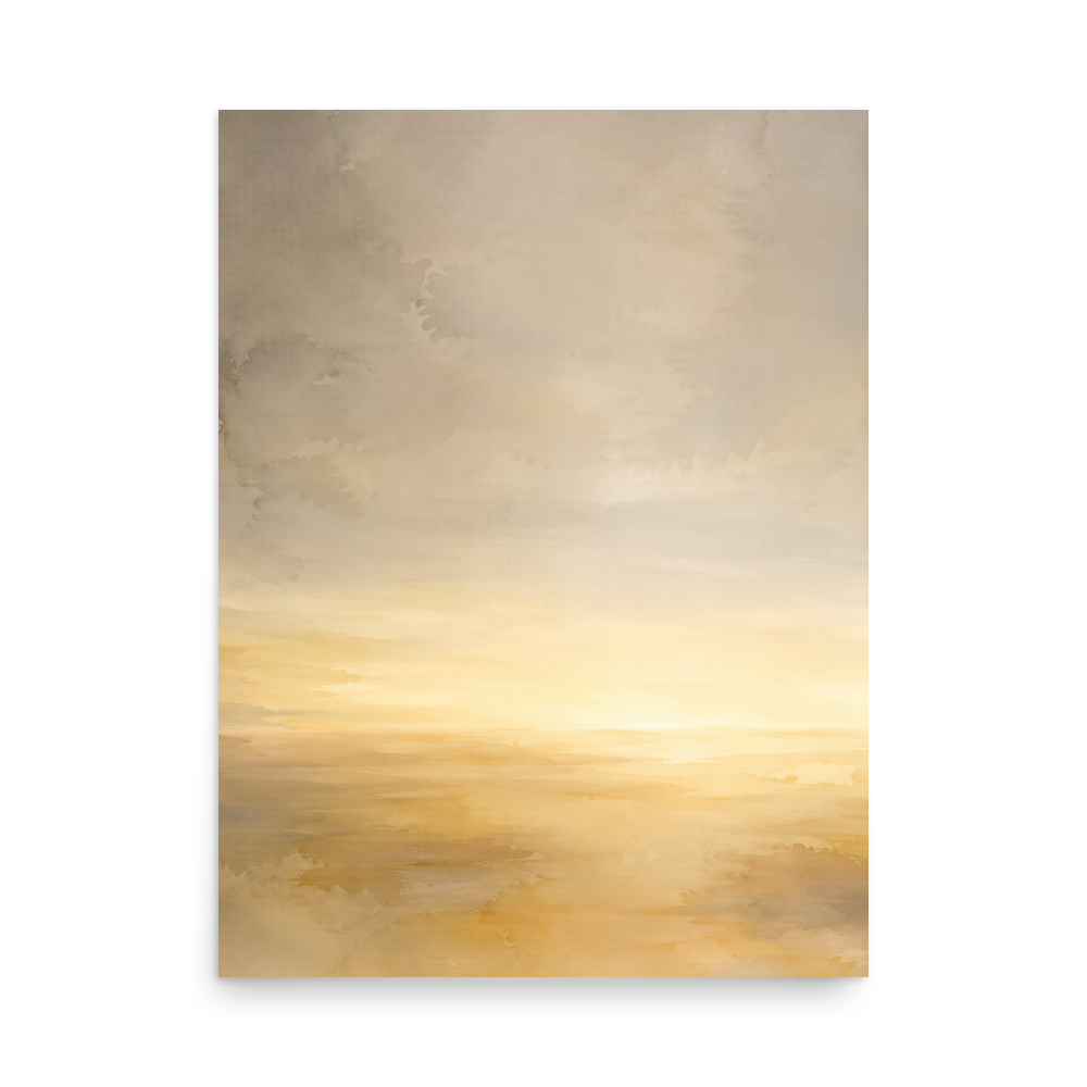 Minimalist sunrise poster featuring a glowing ocean horizon with soft watercolor textures in warm gold, ivory, and neutral tones.