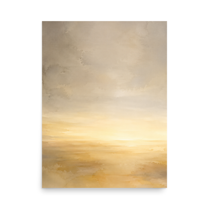 Minimalist sunrise poster featuring a glowing ocean horizon with soft watercolor textures in warm gold, ivory, and neutral tones.