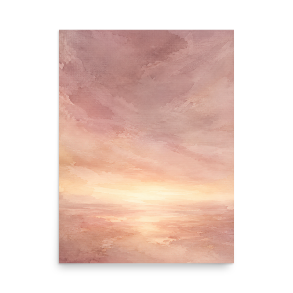 Minimalist sunrise poster with a glowing blush ocean horizon and soft watercolor textures in pink, peach, and warm neutral tones.
