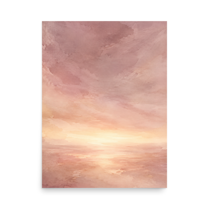 Minimalist sunrise poster with a glowing blush ocean horizon and soft watercolor textures in pink, peach, and warm neutral tones.