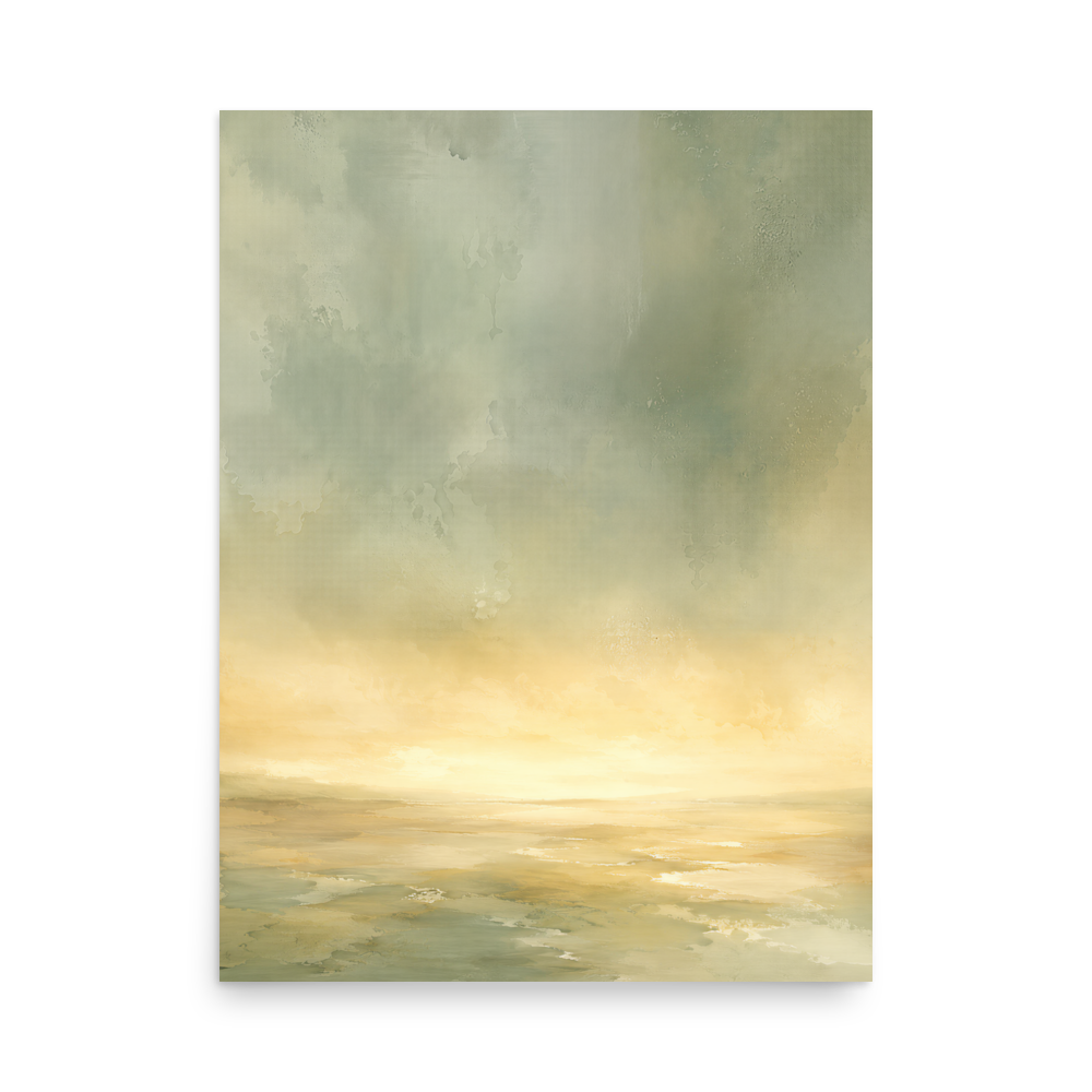 Minimalist sunrise poster featuring a glowing ocean horizon with soft sage green, warm gold, and watercolor textures.