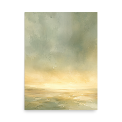 Minimalist sunrise poster featuring a glowing ocean horizon with soft sage green, warm gold, and watercolor textures.