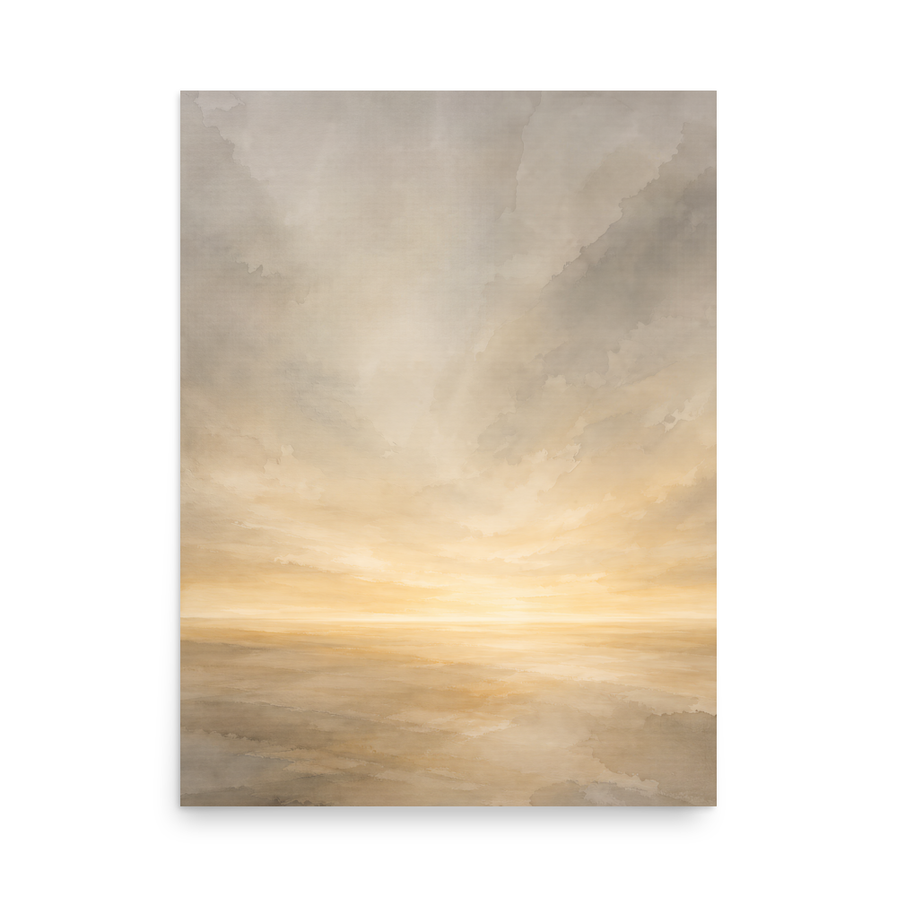 Minimalist sunrise poster featuring a glowing ocean horizon with soft neutral watercolor textures in ivory, beige, and warm gold.