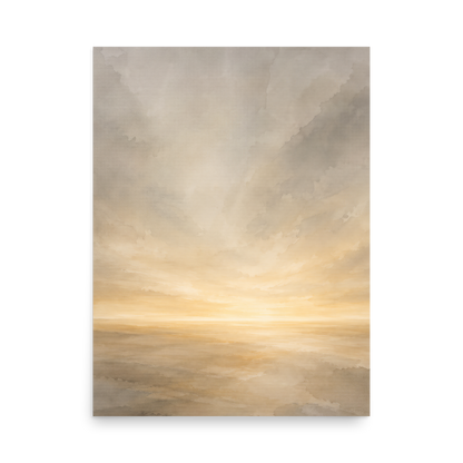 Minimalist sunrise poster featuring a glowing ocean horizon with soft neutral watercolor textures in ivory, beige, and warm gold.