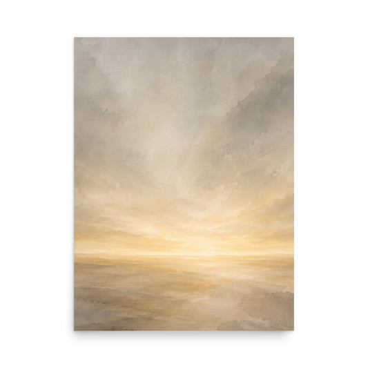 Minimalist sunrise poster featuring a glowing ocean horizon with soft neutral watercolor textures in ivory, beige, and warm gold.