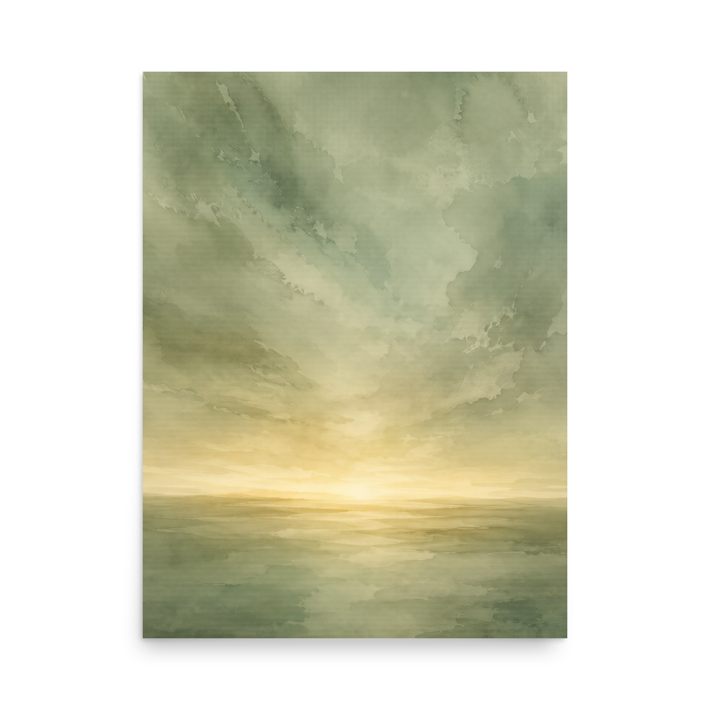 Minimalist sunrise poster featuring a glowing ocean horizon with soft sage green watercolor textures and warm golden light.