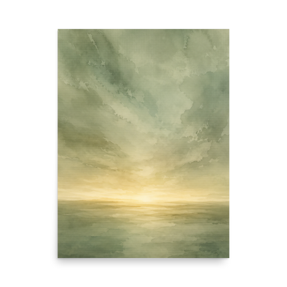 Minimalist sunrise poster featuring a glowing ocean horizon with soft sage green watercolor textures and warm golden light.