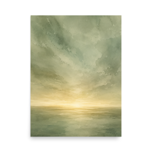 Minimalist sunrise poster featuring a glowing ocean horizon with soft sage green watercolor textures and warm golden light.