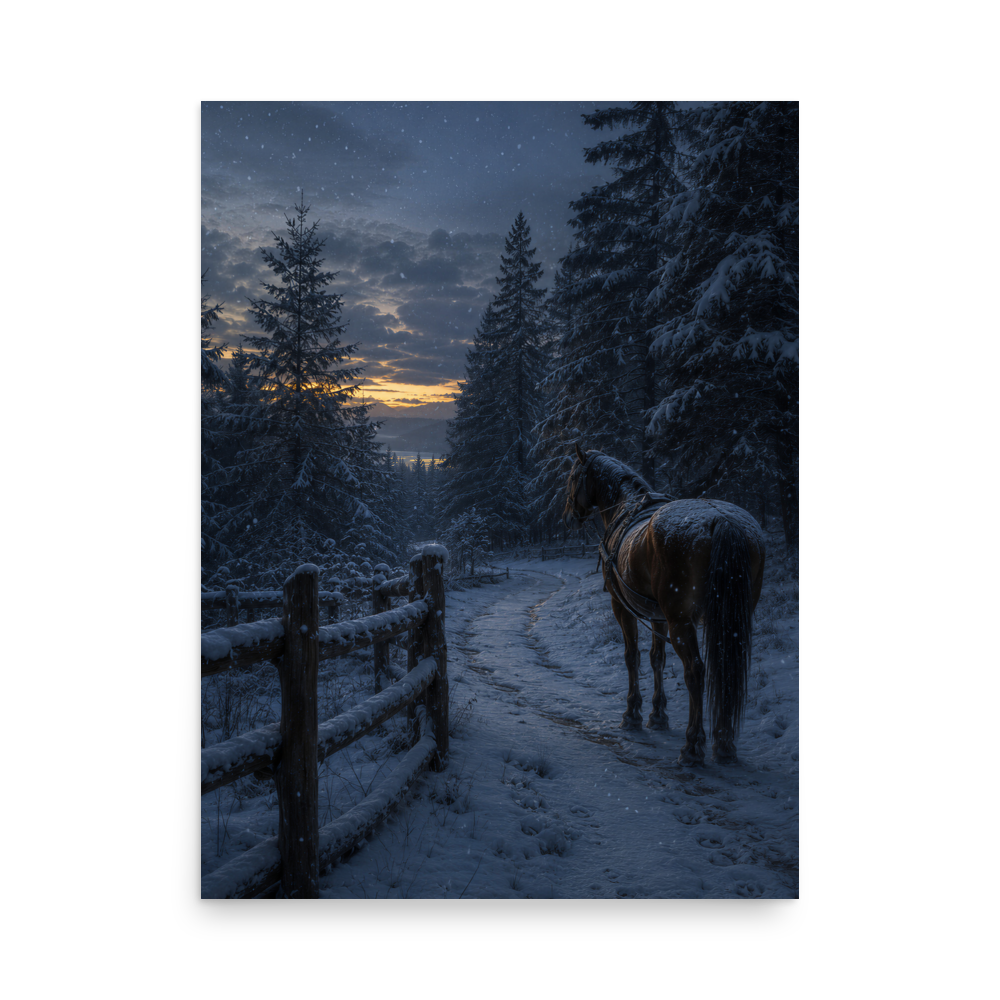 Winter forest poster with a lone horse on a snowy path at dusk, inspired by Robert Frost's Miles to go, original Visual Poetry artwork.