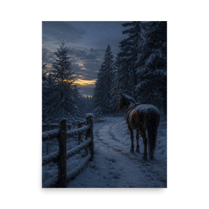 Winter forest poster with a lone horse on a snowy path at dusk, inspired by Robert Frost's Miles to go, original Visual Poetry artwork.
