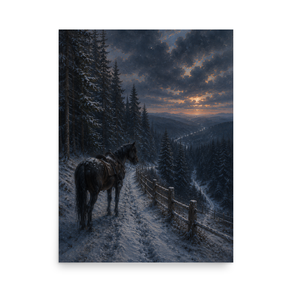 Mountain trail poster with a lone horse on a snowy winter path at sunset, inspired by Robert Frost’s The Road Not Taken, original Visual Poetry artwork.