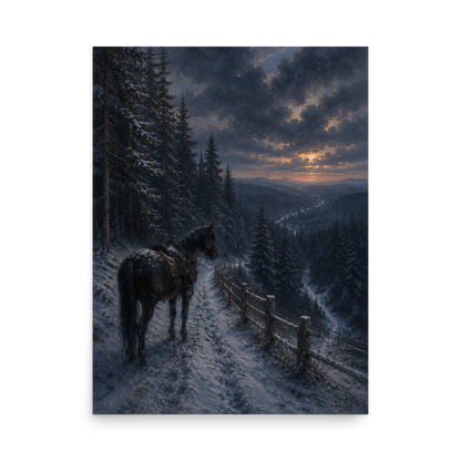 Mountain trail poster with a lone horse on a snowy winter path at sunset, inspired by Robert Frost’s The Road Not Taken, original Visual Poetry artwork.