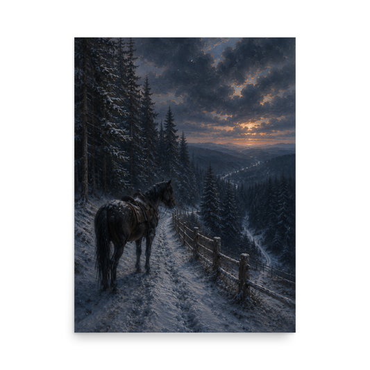 Mountain trail poster with a lone horse on a snowy winter path at sunset, inspired by Robert Frost’s The Road Not Taken, original Visual Poetry artwork.