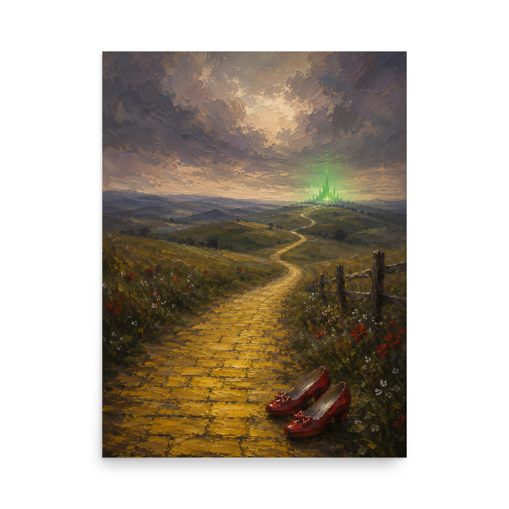 Yellow Brick Road poster featuring ruby slippers beside a winding golden path leading toward a distant emerald city, inspired by There's No Place Like Home, original Visual Poetry artwork.