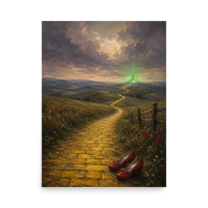 Yellow Brick Road poster featuring ruby slippers beside a winding golden path leading toward a distant emerald city, inspired by There's No Place Like Home, original Visual Poetry artwork.