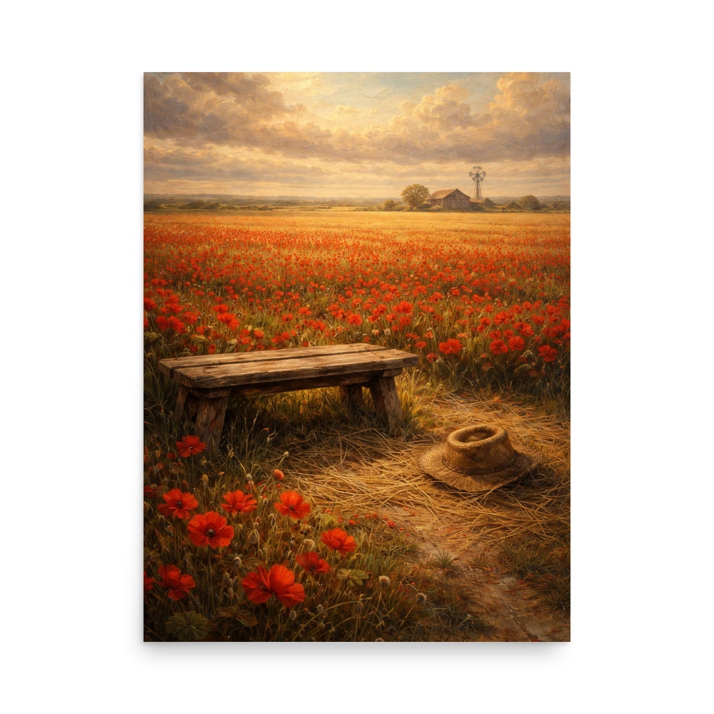 Poppy Field poster featuring a rustic bench, straw hat, and a vast field of red poppies beneath a glowing countryside sky, inspired by The Deadly Poppy Field, original Visual Poetry artwork.