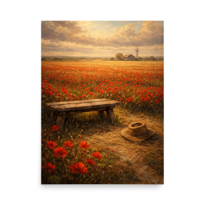 Poppy Field poster featuring a rustic bench, straw hat, and a vast field of red poppies beneath a glowing countryside sky, inspired by The Deadly Poppy Field, original Visual Poetry artwork.