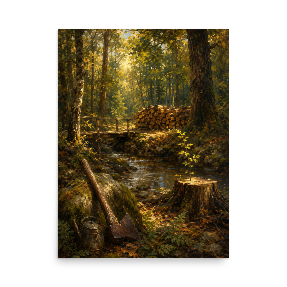 Forest Clearing poster featuring a woodland stream, rustic bridge, axe, stacked firewood, and a young sapling growing from a tree stump, inspired by Follow the Yellow Brick Road, original Visual Poetry artwork.