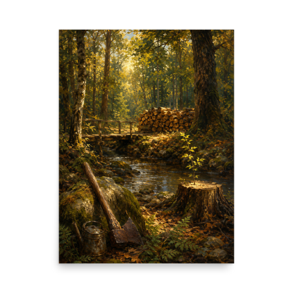 Forest Clearing poster featuring a woodland stream, rustic bridge, axe, stacked firewood, and a young sapling growing from a tree stump, inspired by Follow the Yellow Brick Road, original Visual Poetry artwork.