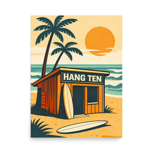 Vintage Hang Ten surf shack poster with surfboards and sunset beach scene