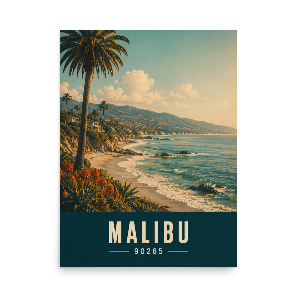 Retro Malibu California travel poster with palm tree and ocean cliff view, ZIP code 90265