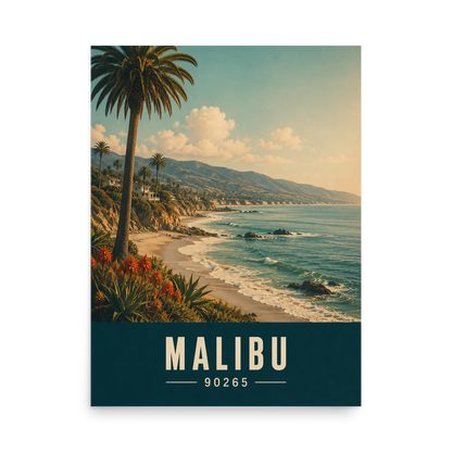 Retro Malibu California travel poster with palm tree and ocean cliff view, ZIP code 90265