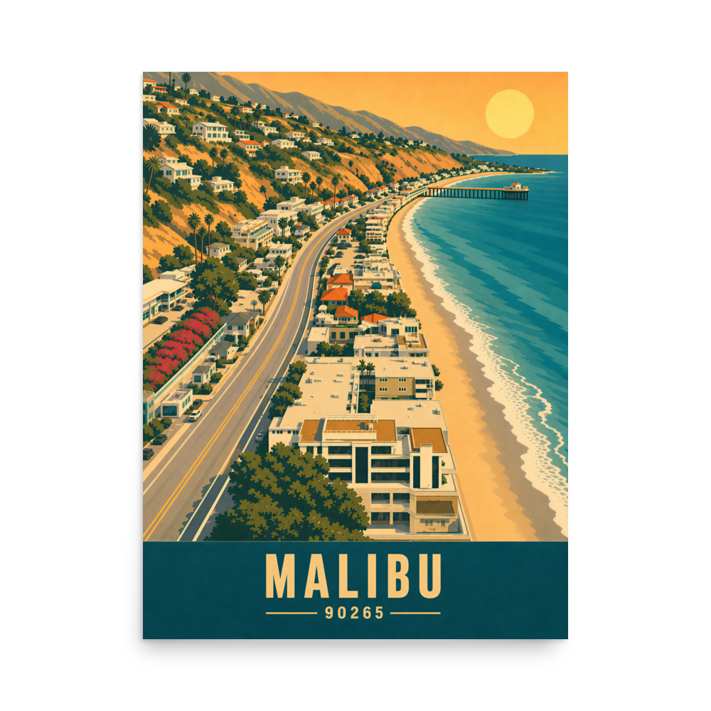 Aerial Malibu Pacific Coast Highway sunset poster with 90265 zip code