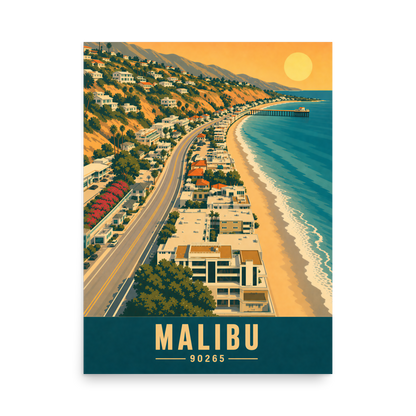 Aerial Malibu Pacific Coast Highway sunset poster with 90265 zip code