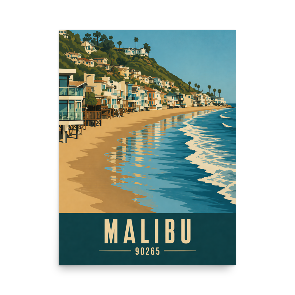 Malibu beach house coastal poster with 90265 zip code, beachfront wall art