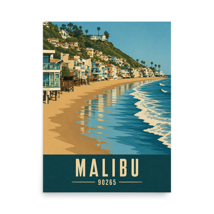 Malibu beach house coastal poster with 90265 zip code, beachfront wall art