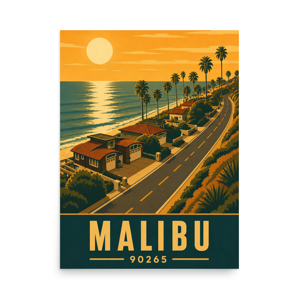 Malibu palm-lined sunset coastal road poster with 90265 zip code