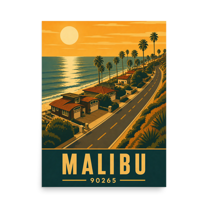 Malibu palm-lined sunset coastal road poster with 90265 zip code